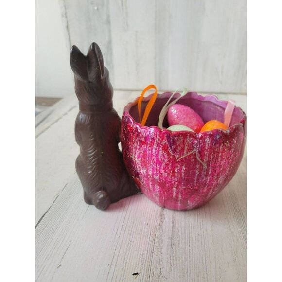 Faux chocolate bunny foil egg ceramic Easter spring decor unique - Picture 4 of 8